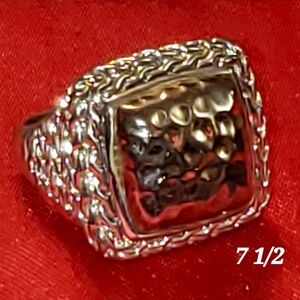 Sterling 925 Silver Gold Tones Square Beveled HammerTextured Braided Sz. 7 1/2